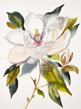Load image into Gallery viewer, 24" x 36" original watercolor Southern Magnolia flower painting on canvas. Varnished and ready-to-hang. Expressive, loose, watery, abstract, minimalist, modern style by contemporary fine artist Elizabeth Becker. Inspired by Vintage Botanical Illustration. Prints available. Neutral, monochromatic white and olive green colors.