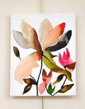 Load image into Gallery viewer, 16" x 20" original acrylic or watercolor botanical abstract magnolia flower painting on canvas. Varnished and ready-to-hang. Expressive, loose, watery, minimalist, modern style by contemporary fine artist Elizabeth Becker. Prints available. Bright, vibrant and colorful. Peach, fuchsia pink, olive green and white colors.