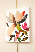 Load image into Gallery viewer, 16" x 20" original acrylic or watercolor botanical abstract magnolia flower painting on canvas. Varnished and ready-to-hang. Expressive, loose, watery, minimalist, modern style by contemporary fine artist Elizabeth Becker. Prints available. Bright, vibrant and colorful. Peach, fuchsia pink, olive green and white colors.