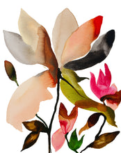 Load image into Gallery viewer, 16" x 20" original acrylic or watercolor botanical abstract magnolia flower painting on canvas. Varnished and ready-to-hang. Expressive, loose, watery, minimalist, modern style by contemporary fine artist Elizabeth Becker. Prints available. Bright, vibrant and colorful. Peach, fuchsia pink, olive green and white colors.