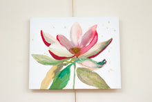 Load image into Gallery viewer, 16" x 20" original acrylic or watercolor botanical abstract magnolia flower painting on canvas. Varnished and ready-to-hang. Expressive, loose, watery, minimalist, modern style by contemporary fine artist Elizabeth Becker. Prints available. Bright, vibrant and colorful. Fuchsia pink, olive green and white colors.
