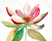Load image into Gallery viewer, 16" x 20" original acrylic or watercolor botanical abstract magnolia flower painting on canvas. Varnished and ready-to-hang. Expressive, loose, watery, minimalist, modern style by contemporary fine artist Elizabeth Becker. Prints available. Bright, vibrant and colorful. Fuchsia pink, olive green and white colors.