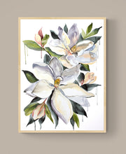 Load image into Gallery viewer, 30" x 40" original watercolor botanical southern magnolia flowers painting on canvas. Varnished and ready-to-hang. Expressive, impressionist, loose, watery, moody, minimalist, modern style by contemporary fine artist Elizabeth Becker. Prints available. Monochromatic dark green, olive and white colors.