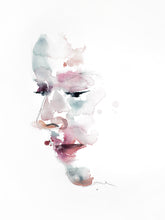 Load image into Gallery viewer, 9" x 12" original watercolor abstract portrait painting in an expressive, impressionist, minimalist, modern style by contemporary fine artist Elizabeth Becker. Soft watery peach, pink, red, blue gray and white colors.