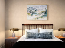 Load image into Gallery viewer, 26” x 37” original watercolor abstract landscape painting of Colorado mountains in an ethereal, expressive, impressionist, minimalist, modern style by contemporary fine artist Elizabeth Becker. Prints available. Framed.