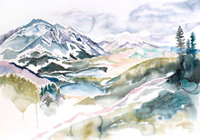 Load image into Gallery viewer, 26” x 37” original watercolor abstract landscape painting of Colorado mountains in an ethereal, expressive, impressionist, minimalist, modern style by contemporary fine artist Elizabeth Becker
