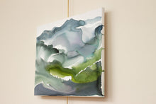 Load image into Gallery viewer, 16” x 20" original watercolor painting on canvas. Abstract appalachian landscape of mountain layers in an expressive, impressionist, loose, watery, ethereal, minimalist, modern style by contemporary fine artist Elizabeth Becker. Inspired by Asheville, North Carolina or Colorado. Monochromatic muted blue, green and white colors.