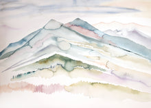 Load image into Gallery viewer, 25 3/4” x 36” original watercolor abstract landscape painting of mountain layers in an ethereal, expressive, impressionist, minimalist, modern style by contemporary fine artist Elizabeth Becker