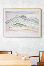 Load image into Gallery viewer, 25 3/4” x 36” original watercolor abstract landscape painting of mountain layers in an ethereal, expressive, impressionist, minimalist, modern style by contemporary fine artist Elizabeth Becker. Framed in a dining room.