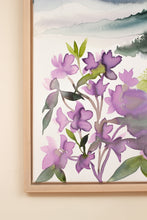 Load image into Gallery viewer, 30” x 40" original watercolor painting on canvas in 32" x 42" natural maple solid wood floater frame. Abstract landscape of foggy misty mountain layers with rhododendron flowers in an expressive, impressionist, loose, watery, flowing, ethereal, minimalist, modern, moody style by contemporary fine artist Elizabeth Becker. Inspired by Asheville, North Carolina or Colorado. Muted monochromatic blue, green, teal, turquoise, purple, gray and white colors.