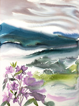 Load image into Gallery viewer, 30” x 40" original watercolor painting on canvas in 32" x 42" natural maple solid wood floater frame. Abstract landscape of foggy misty mountain layers with rhododendron flowers in an expressive, impressionist, loose, watery, flowing, ethereal, minimalist, modern, moody style by contemporary fine artist Elizabeth Becker. Inspired by Asheville, North Carolina or Colorado. Muted monochromatic blue, green, teal, turquoise, purple, gray and white colors.