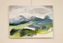 Load image into Gallery viewer, 30” x 40" original watercolor painting on canvas. Abstract landscape of foggy misty mountain layers and pine tree forest in an expressive, impressionist, loose, watery, flowing, ethereal, minimalist, modern, moody style by contemporary fine artist Elizabeth Becker. Inspired by Asheville, North Carolina or Colorado. Muted monochromatic blue, light green, teal, turquoise, gray and white colors.
