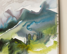 Load image into Gallery viewer, 30” x 40" original watercolor painting on canvas. Abstract landscape of foggy misty mountain layers and pine tree forest in an expressive, impressionist, loose, watery, flowing, ethereal, minimalist, modern, moody style by contemporary fine artist Elizabeth Becker. Inspired by Asheville, North Carolina or Colorado. Muted monochromatic blue, light green, teal, turquoise, gray and white colors.
