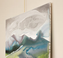 Load image into Gallery viewer, 30” x 40" original watercolor painting on canvas. Abstract landscape of foggy misty mountain layers and pine tree forest in an expressive, impressionist, loose, watery, flowing, ethereal, minimalist, modern, moody style by contemporary fine artist Elizabeth Becker. Inspired by Asheville, North Carolina or Colorado. Muted monochromatic blue, light green, teal, turquoise, gray and white colors.