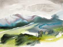 Load image into Gallery viewer, 30” x 40" original watercolor painting on canvas. Abstract landscape of foggy misty mountain layers and pine tree forest in an expressive, impressionist, loose, watery, flowing, ethereal, minimalist, modern, moody style by contemporary fine artist Elizabeth Becker. Inspired by Asheville, North Carolina or Colorado. Muted monochromatic blue, light green, teal, turquoise, gray and white colors.