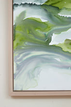 Load image into Gallery viewer, 24” x 36" original watercolor painting on canvas in 26" x 38" natural maple solid wood floater frame. Abstract landscape of foggy misty mountain layers in an expressive, impressionist, loose, watery, flowing, ethereal, minimalist, modern, moody style by contemporary fine artist Elizabeth Becker. Inspired by Asheville, North Carolina or Colorado. Muted monochromatic blue, green, teal, turquoise and white colors.