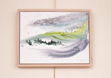 Load image into Gallery viewer, 18” x 24" original watercolor painting on canvas. Abstract landscape of foggy misty mountains with pine trees and flying birds in an expressive, impressionist, loose, watery, ethereal, minimalist, modern style by contemporary fine artist Elizabeth Becker. Muted monochromatic blue, green, gray and purple colors.