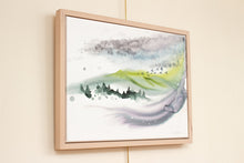 Load image into Gallery viewer, 18” x 24" original watercolor painting on canvas. Abstract landscape of foggy misty mountains with pine trees and flying birds in an expressive, impressionist, loose, watery, ethereal, minimalist, modern style by contemporary fine artist Elizabeth Becker. Muted monochromatic blue, green, gray and purple colors.