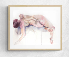 Load image into Gallery viewer, 16” x 20” original watercolor subtle nude female figure painting in an expressive, impressionist, minimalist, modern style by contemporary fine artist Elizabeth Becker. Soft peach, light pink, gray and white colors. Framed.
