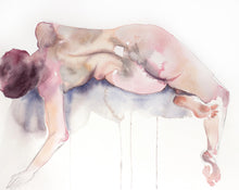 Load image into Gallery viewer, 16” x 20” original watercolor subtle nude female figure painting in an expressive, impressionist, minimalist, modern style by contemporary fine artist Elizabeth Becker. Soft peach, light pink, gray and white colors.