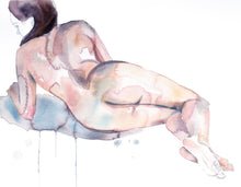 Load image into Gallery viewer, 16” x 20” original watercolor subtle nude female figure painting in an expressive, impressionist, minimalist, modern style by contemporary fine artist Elizabeth Becker. Soft peach, light pink, gray and white colors.