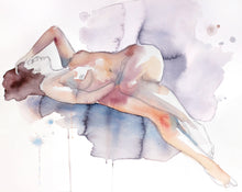 Load image into Gallery viewer, 16” x 20” original watercolor nude female figure painting in an expressive, impressionist, minimalist, modern style by contemporary fine artist Elizabeth Becker. Loose watery blooms and drips. Soft peach, lavender purple, payne's gray and white colors.