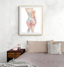 Load image into Gallery viewer, 16" x 20" original watercolor nude abstract female figure painting in an expressive, impressionist, minimalist, ethereal, modern, watery, subtle, sexy, erotic style by contemporary fine artist Elizabeth Becker. Woman from behind, back and butt. Soft peach, light blue and white colors.
