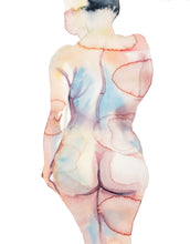 Load image into Gallery viewer, 16" x 20" original watercolor nude abstract female figure painting in an expressive, impressionist, minimalist, ethereal, modern, watery, subtle, sexy, erotic style by contemporary fine artist Elizabeth Becker. Woman from behind, back and butt. Soft peach, pink, purple, light blue and white colors.