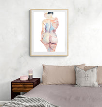 Load image into Gallery viewer, 16" x 20" original watercolor nude abstract female figure painting in an expressive, impressionist, minimalist, ethereal, modern, watery, subtle, sexy, erotic style by contemporary fine artist Elizabeth Becker. Woman from behind, back and butt. Soft peach, pink, purple, light blue and white colors.