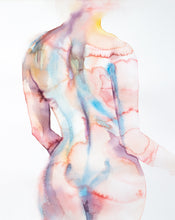 Load image into Gallery viewer, 16" x 20" original watercolor nude abstract female figure painting in an expressive, impressionist, minimalist, ethereal, modern, watery, subtle, sexy style by contemporary fine artist Elizabeth Becker. Woman standing from behind, back and butt. Soft peach, light blue white colors.