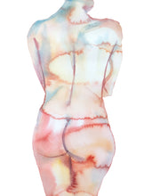 Load image into Gallery viewer, 16" x 20" original watercolor nude abstract female figure painting in an expressive, impressionist, minimalist, ethereal, modern, watery, subtle style by contemporary fine artist Elizabeth Becker. Woman standing from behind, back and butt. Soft peach, apricot and white colors.