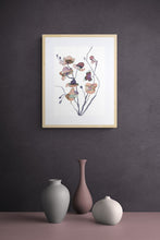 Load image into Gallery viewer, 11&quot; x 15&quot; original watercolor botanical floral bouquet painting in an expressive, loose, watery, minimalist, modern style by contemporary fine artist Elizabeth Becker. Prints available. Soft mauve purple, peach fuzz, brown, tan, gray and white colors. Framed.
