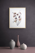 Load image into Gallery viewer, 11" x 15" original watercolor botanical floral bouquet painting in an expressive, loose, watery, minimalist, modern style by contemporary fine artist Elizabeth Becker. Prints available. Soft mauve purple, peach fuzz, brown, tan, gray and white colors. Framed.