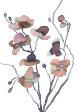 Load image into Gallery viewer, 11" x 15" original watercolor botanical floral bouquet painting in an expressive, loose, watery, minimalist, modern style by contemporary fine artist Elizabeth Becker. Prints available. Soft mauve purple, peach fuzz, brown, tan, gray and white colors.