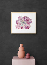 Load image into Gallery viewer, 16" x 20" original watercolor botanical floral painting in an expressive, loose, watery, minimalist, modern style by contemporary fine artist Elizabeth Becker. Prints available. Monochromatic soft dark pink, mauve purple and peach with white background. Framed.