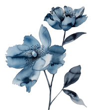 Load image into Gallery viewer, 16" x 20" original watercolor botanical peony flowers painting in an expressive, loose, watery, minimalist, modern style by contemporary fine artist Elizabeth Becker. Prints available. Monochromatic blue, black and white colors.