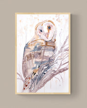 Load image into Gallery viewer, 24" x 36" original watercolor painting on canvas of barn owl in tree branches. Varnished and ready-to-hang. Expressive, impressionist, loose, watery, ethereal, minimalist, modern style by contemporary fine artist Elizabeth Becker. Prints available. Soft peach, gray and white colors.