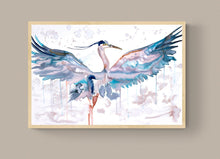 Load image into Gallery viewer, 24" x 36" original watercolor painting on canvas of flying heron, crane or egret with spread open wings. Varnished and ready-to-hang. Expressive, impressionist, loose, watery, ethereal, minimalist, modern style by contemporary fine artist Elizabeth Becker. Drips and splatters. Prints available. Soft teal blue, turquoise, peach, light pink and white colors.