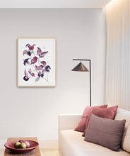 Load image into Gallery viewer, 18” x 24” original watercolor botanical nature painting of plant leaves in an abstract, expressive, impressionist, minimalist, modern style by contemporary fine artist Elizabeth Becker. Prints available. Monochromatic muted mauve, purple, pink and red colors with white background. Framed.