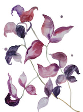 Load image into Gallery viewer, 18” x 24” original watercolor botanical nature painting of plant leaves in an abstract, expressive, impressionist, minimalist, modern style by contemporary fine artist Elizabeth Becker. Monochromatic muted mauve, purple, pink and red colors with white background.
