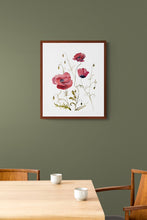 Load image into Gallery viewer, 16" x 20" original watercolor botanical poppy flowers. Poppies wildflowers garden floral painting in an expressive, minimalist, modern, loose, watery style by contemporary fine artist Elizabeth Becker. Dark ruby red, olive green and white colors.