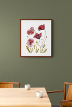 Load image into Gallery viewer, Original watercolor painting of botanical poppies. Floral field of poppy wildflowers in a loose, expressive, impressionist, minimalist, modern style. Ruby red, raspberry, olive green and white colors.