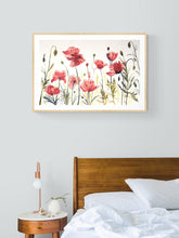 Load image into Gallery viewer, 26” x 40” original watercolor painting of botanical poppy wildflowers. Large-scale floral garden field of poppies study in a loose, gestural, abstract, expressive, impressionist, minimalist, modern style by contemporary fine artist Elizabeth Becker. Rust red, burnt orange, olive green and white colors. Framed in a bedroom.