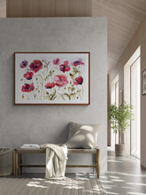 Load image into Gallery viewer, 26” x 40” original watercolor painting of botanical poppy flowers. Large-scale floral garden field of poppies. Meadow wildflowers in a gestural, loose, abstract, expressive, impressionist, minimalist, modern style by contemporary fine artist Elizabeth Becker. Ruby red, raspberry red, olive green and white colors.