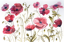 Load image into Gallery viewer, 26” x 40” original watercolor painting of botanical poppy flowers. Large-scale floral garden field of poppies. Meadow wildflowers in a gestural, loose, abstract, expressive, impressionist, minimalist, modern style by contemporary fine artist Elizabeth Becker. Ruby red, raspberry red, olive green and white colors.