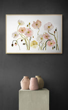Load image into Gallery viewer, 26” x 40” original watercolor painting of botanical poppy flowers. Large-scale floral poppies in an expressive, impressionist, minimalist, modern style by contemporary fine artist Elizabeth Becker. Soft pastel colors. Light pink, peach, pale yellow, olive green and white colors. Framed in a room.