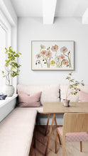 Load image into Gallery viewer, 26” x 40” original watercolor painting of botanical poppy flowers. Large-scale floral poppies in an expressive, impressionist, minimalist, modern style by contemporary fine artist Elizabeth Becker. Soft pastel colors. Light pink, peach, pale yellow, olive green and white colors. Framed in a room.