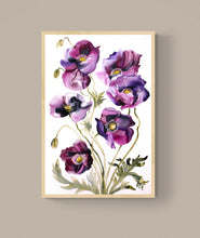 Load image into Gallery viewer, 24" x 36" original watercolor botanical poppies. Large-scale poppy flower bouquet painting on canvas. Varnished and ready-to-hang. Expressive, impressionist, loose, watery, moody, minimalist, modern style by contemporary fine artist Elizabeth Becker. Prints available. Fuchsia, dark pink, purple, black, olive green and white colors.