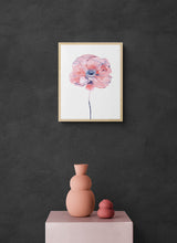 Load image into Gallery viewer, 16" x 20" original watercolor botanical poppy flower painting in an expressive, loose, watery, minimalist, modern style by contemporary fine artist Elizabeth Becker. Prints available. Monochromatic soft coral, light pink, gray, black and white colors. Framed.