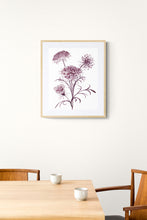 Load image into Gallery viewer, 12” x 16” original watercolor botanical queen anne's lace wildflower painting in an ethereal, expressive, impressionist, minimalist, modern style by contemporary fine artist Elizabeth Becker. Deep maroon, burgundy and white colors. Framed.